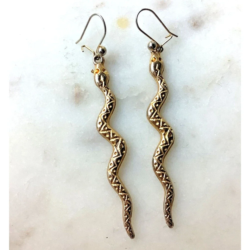 Snake Earrings Dangle Long French Loop Wire Gold Tone